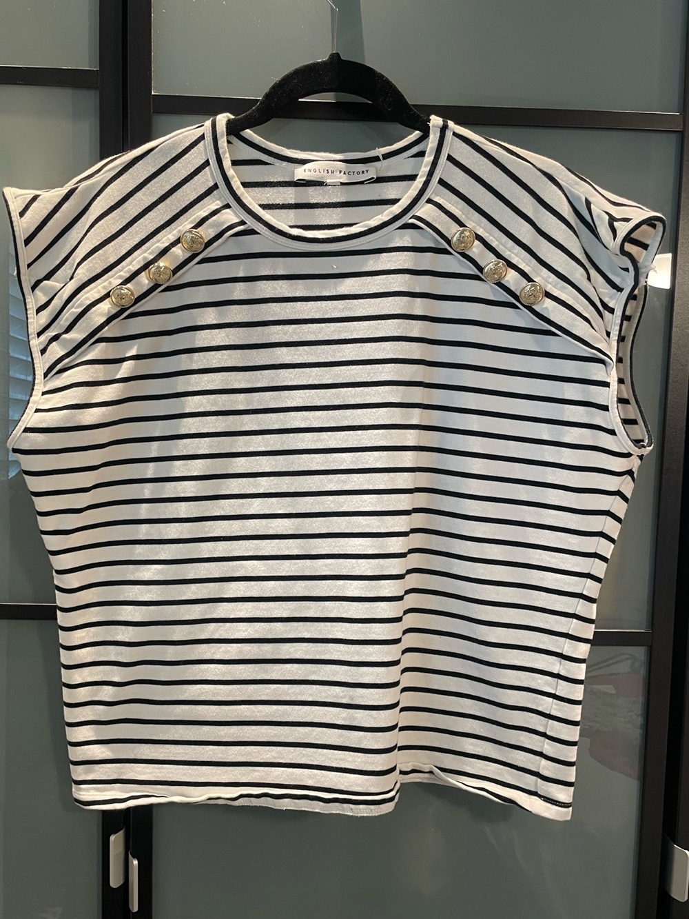 English Factory White and Black Striped Button-Shoulder Top. Loose fitting